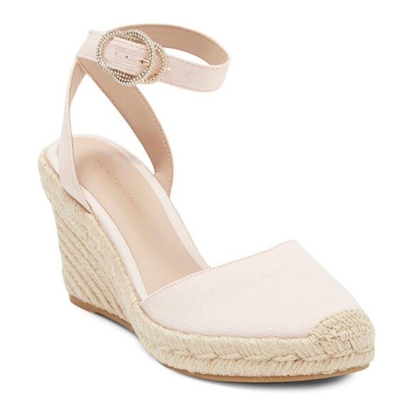 Stuart Weitzman Canvas Wedge Espadrilles In Cream W/Crystal Buckle Sz 10.5 New - Picture 1 of 12